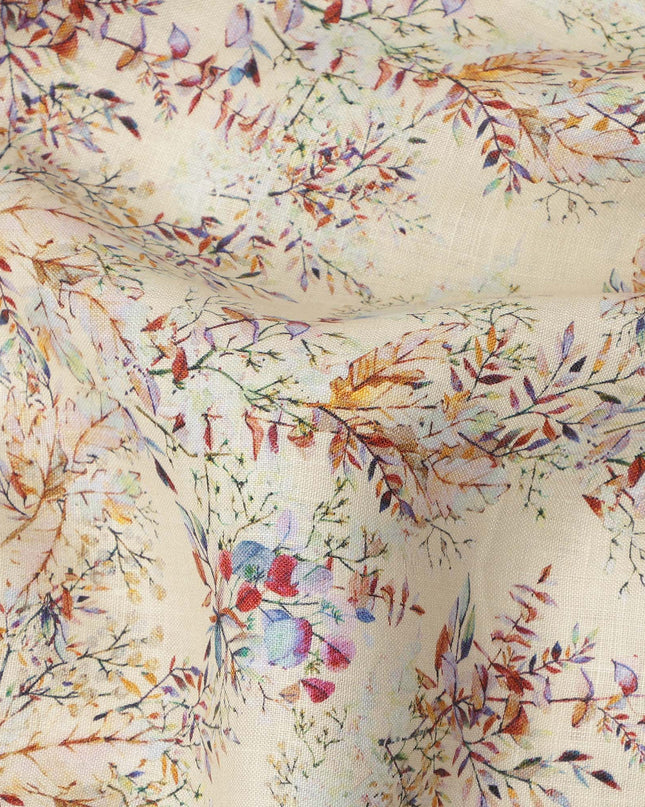 Beige Pure Linen Floral Vine Printed Fabric with Multicolor Leafy Design, 140 cms Width, Made in India-D25076