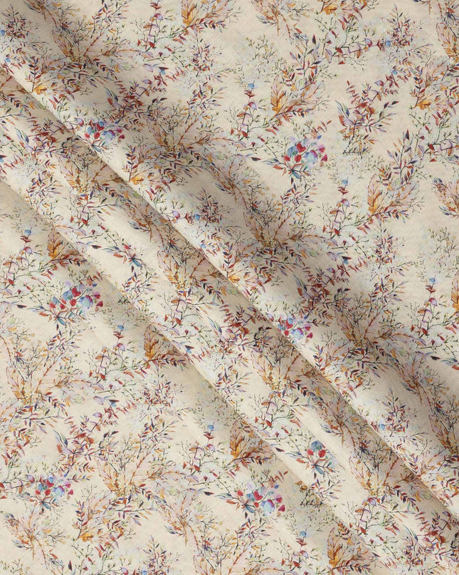 Beige Pure Linen Floral Vine Printed Fabric with Multicolor Leafy Design, 140 cms Width, Made in India-D25076