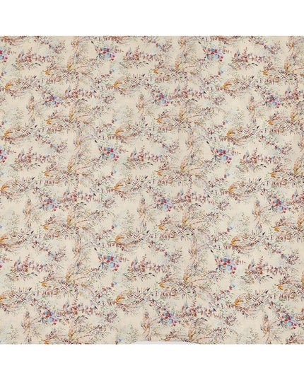 قماش كتان بيج نقي مطبوع عليه زهور كرمة بتصميم أوراق متعدد الألوان، عرض 140 سم، صنع في الهند - D25076