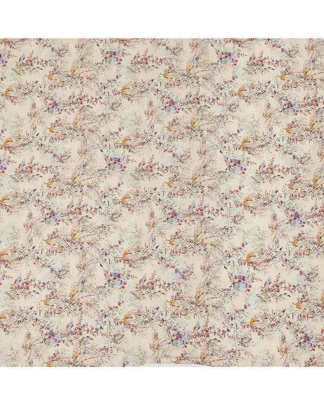 Beige Pure Linen Floral Vine Printed Fabric with Multicolor Leafy Design, 140 cms Width, Made in India-D25076