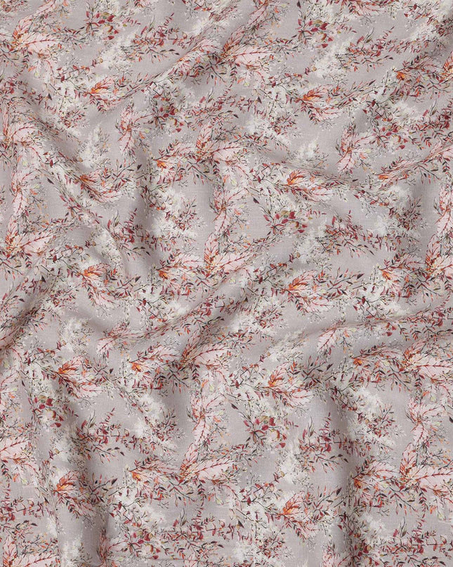 Grey Pure Linen Floral Vine Printed Fabric with Multicolor Leafy Design, 140 cms Width, Made in India-D25077