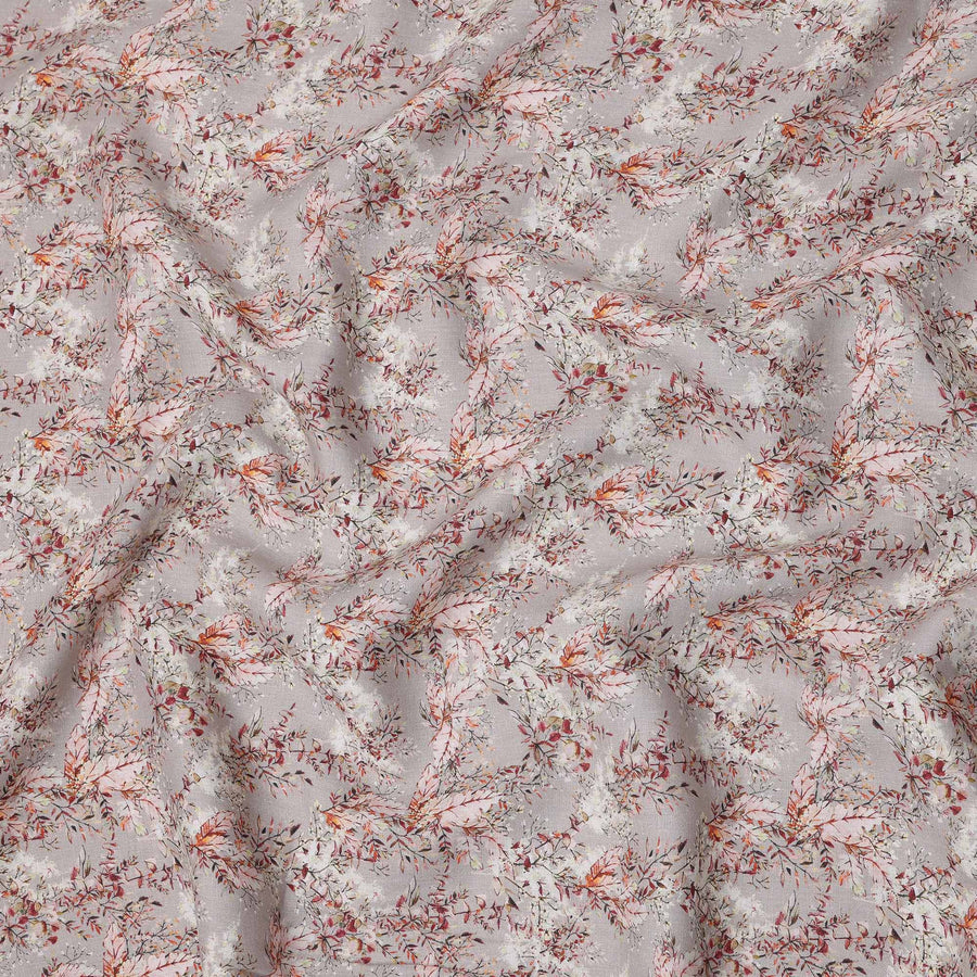 قماش كتان رمادي نقي مطبوع عليه زهور كرمة بتصميم أوراق متعدد الألوان، عرض 140 سم، صنع في الهند - D25077