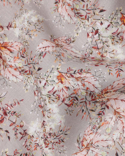 قماش كتان رمادي نقي مطبوع عليه زهور كرمة بتصميم أوراق متعدد الألوان، عرض 140 سم، صنع في الهند - D25077