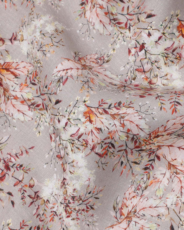 Grey Pure Linen Floral Vine Printed Fabric with Multicolor Leafy Design, 140 cms Width, Made in India-D25077