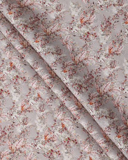 قماش كتان رمادي نقي مطبوع عليه زهور كرمة بتصميم أوراق متعدد الألوان، عرض 140 سم، صنع في الهند - D25077