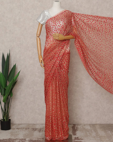 Red & Gold Premium French Metallic Chantilly Lace Saree Fabric – 5.5 Meters Length, 110 Cms Width, Imported from France-D25711