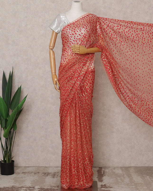 Red & Gold Premium French Metallic Chantilly Lace Saree Fabric – 5.5 Meters Length, 110 Cms Width, Imported from France-D25711
