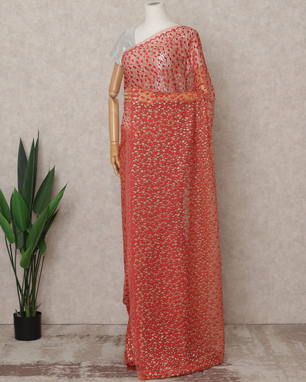 Red & Gold Premium French Metallic Chantilly Lace Saree Fabric – 5.5 Meters Length, 110 Cms Width, Imported from France-D25711