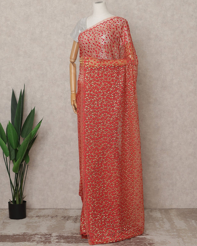 Red & Gold Premium French Metallic Chantilly Lace Saree Fabric – 5.5 Meters Length, 110 Cms Width, Imported from France-D25711