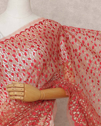 Red & Gold Premium French Metallic Chantilly Lace Saree Fabric – 5.5 Meters Length, 110 Cms Width, Imported from France-D25711
