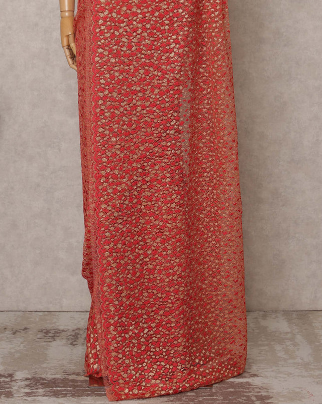 Red & Gold Premium French Metallic Chantilly Lace Saree Fabric – 5.5 Meters Length, 110 Cms Width, Imported from France-D25711