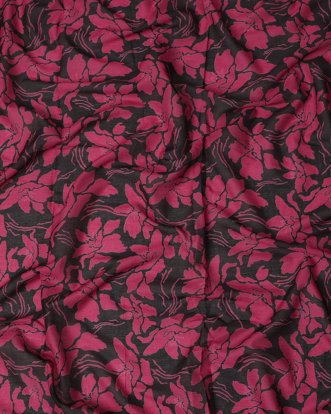 Black Pink Floral Printed Cotton Voile Fabric 150 Cms Width Lightweight Soft Breathable Dress Material Made In India-D27862