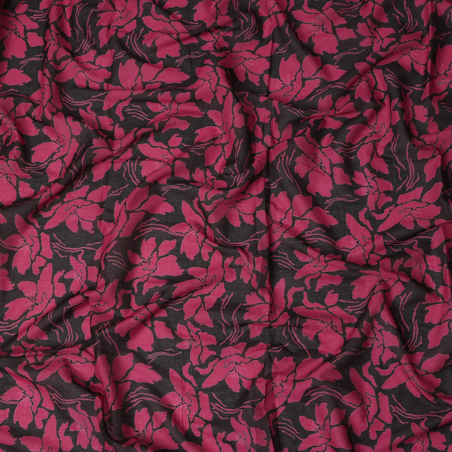 Black Pink Floral Printed Cotton Voile Fabric 150 Cms Width Lightweight Soft Breathable Dress Material Made In India-D27862