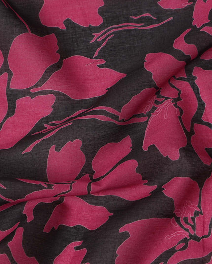 Black Pink Floral Printed Cotton Voile Fabric 150 Cms Width Lightweight Soft Breathable Dress Material Made In India-D27862