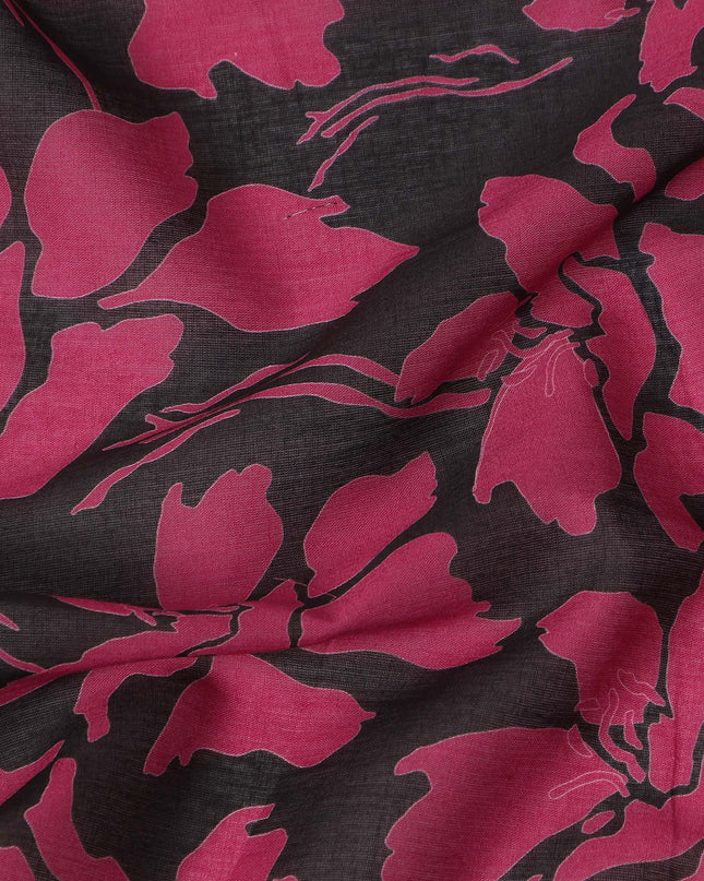 Black Pink Floral Printed Cotton Voile Fabric 150 Cms Width Lightweight Soft Breathable Dress Material Made In India-D27862
