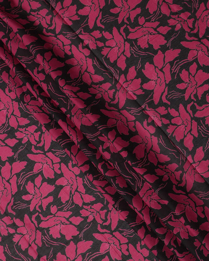 Black Pink Floral Printed Cotton Voile Fabric 150 Cms Width Lightweight Soft Breathable Dress Material Made In India-D27862