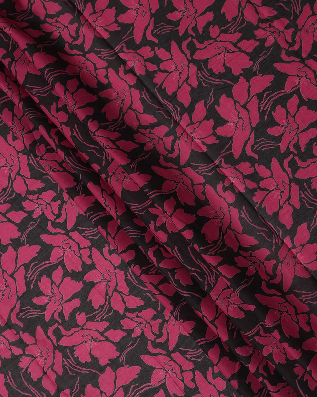Black Pink Floral Printed Cotton Voile Fabric 150 Cms Width Lightweight Soft Breathable Dress Material Made In India-D27862