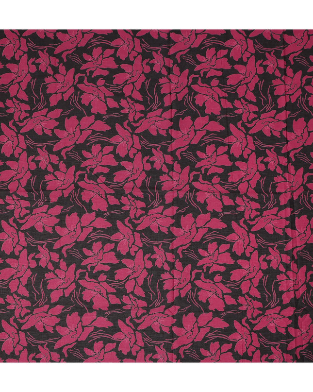 Black Pink Floral Printed Cotton Voile Fabric 150 Cms Width Lightweight Soft Breathable Dress Material Made In India-D27862