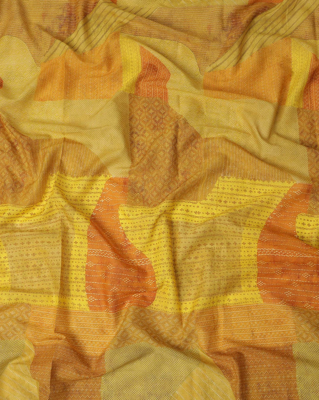 Yellow Orange Geometric Leaf Printed Cotton Voile Fabric 150 Cms Width Lightweight Soft Breathable Dress Material Made In India-D27855