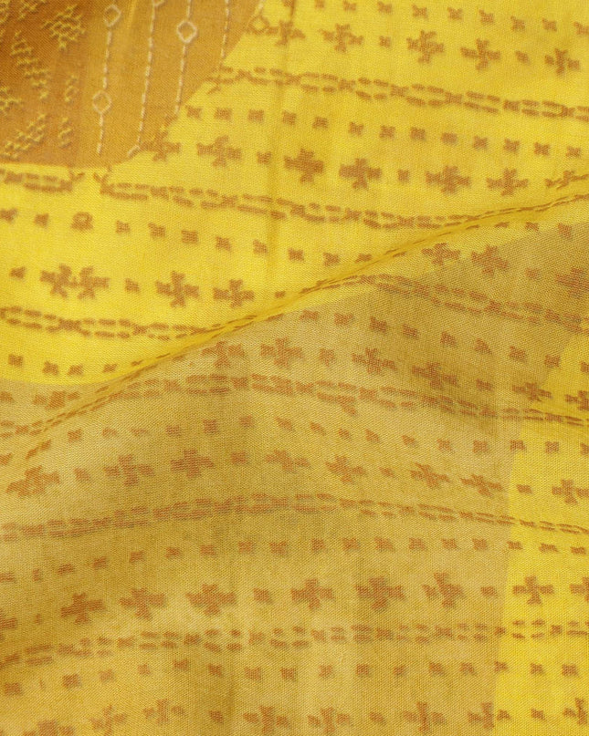 Yellow Orange Geometric Leaf Printed Cotton Voile Fabric 150 Cms Width Lightweight Soft Breathable Dress Material Made In India-D27855