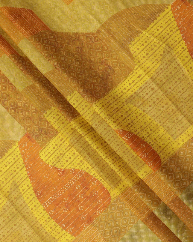 Yellow Orange Geometric Leaf Printed Cotton Voile Fabric 150 Cms Width Lightweight Soft Breathable Dress Material Made In India-D27855