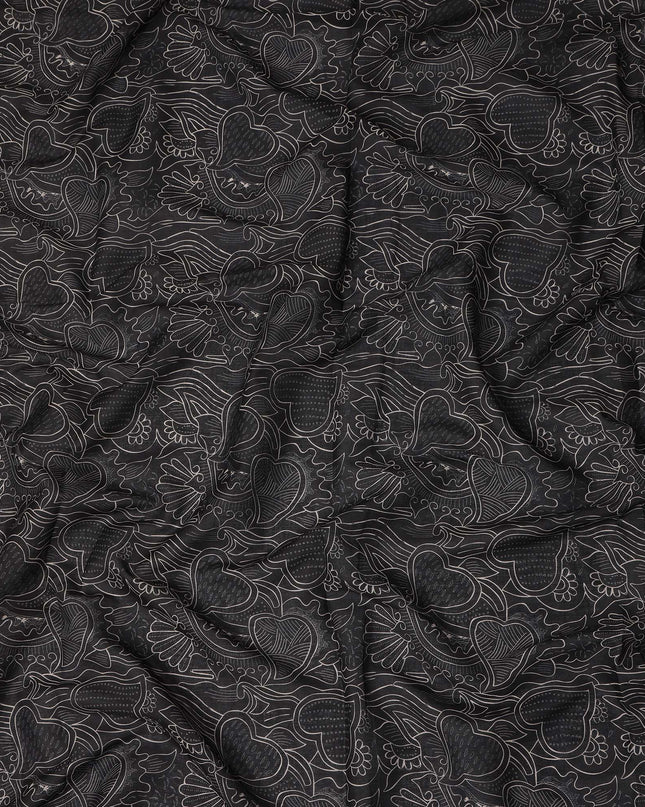 Black Grey Floral Heart Printed Cotton Voile Fabric 150 Cms Width Lightweight Soft Breathable Dress Material Made In India-D27861