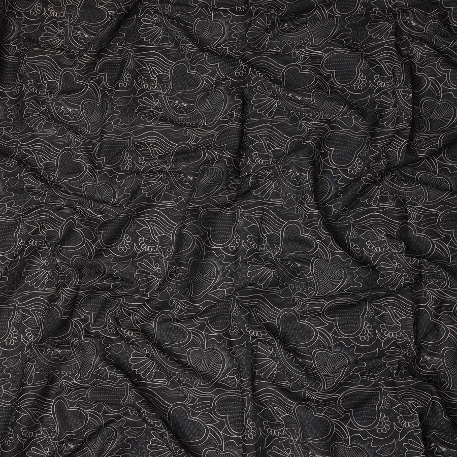 Black Grey Floral Heart Printed Cotton Voile Fabric 150 Cms Width Lightweight Soft Breathable Dress Material Made In India-D27861