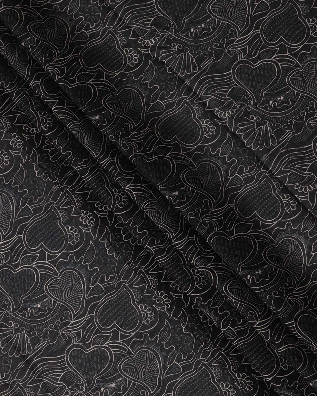 Black Grey Floral Heart Printed Cotton Voile Fabric 150 Cms Width Lightweight Soft Breathable Dress Material Made In India-D27861