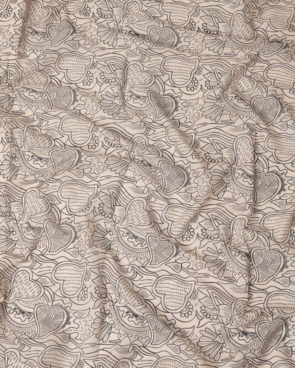 Cream Beige Floral Heart Printed Cotton Voile Fabric 150 Cms Width Lightweight Soft Breathable Dress Material Made In India-D27859
