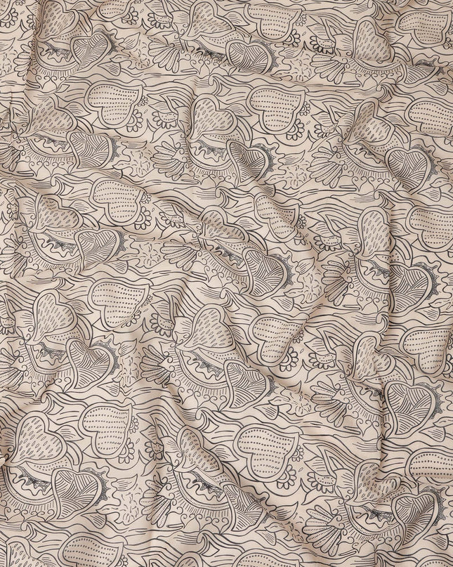 Cream Beige Floral Heart Printed Cotton Voile Fabric 150 Cms Width Lightweight Soft Breathable Dress Material Made In India-D27859