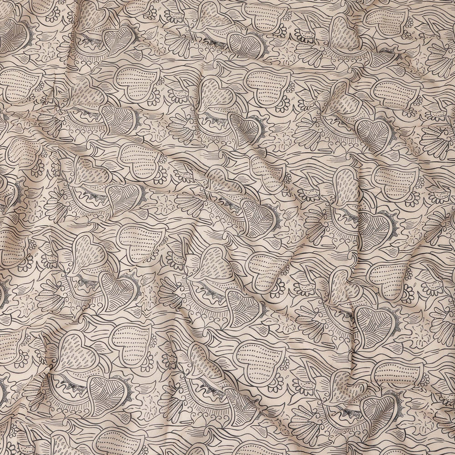 Cream Beige Floral Heart Printed Cotton Voile Fabric 150 Cms Width Lightweight Soft Breathable Dress Material Made In India-D27859