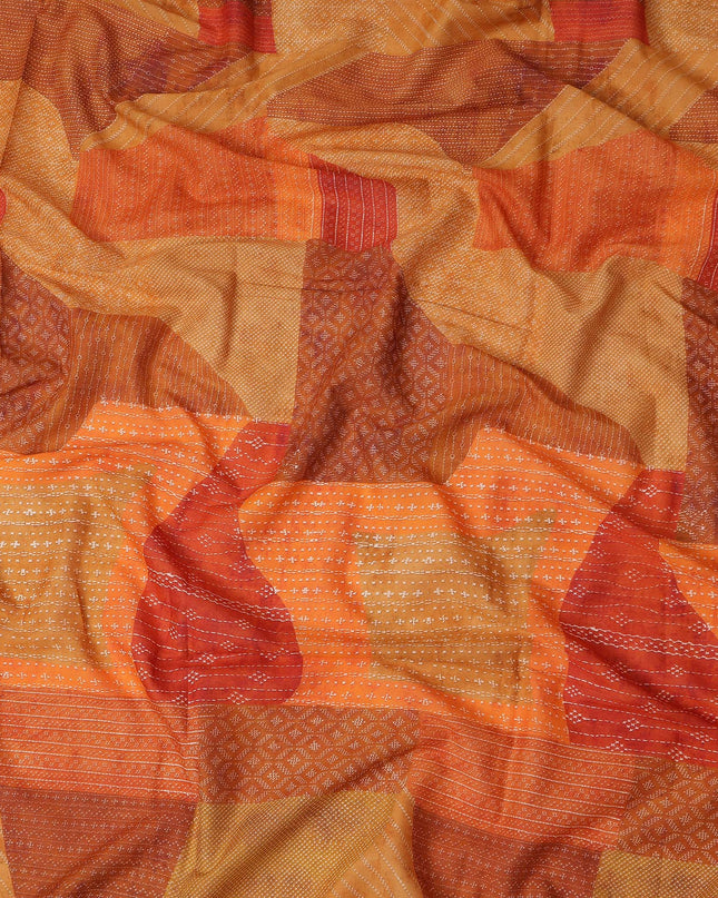 Orange Rust Red Geometric Leaf Printed Cotton Voile Fabric 150 Cms Width Lightweight Soft Breathable Dress Material Made In India-D27856