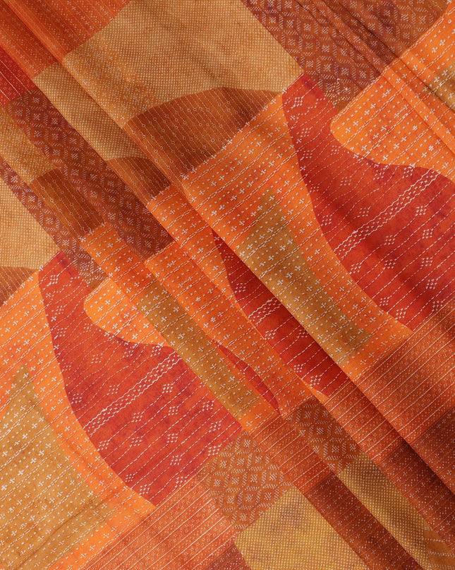 Orange Rust Red Geometric Leaf Printed Cotton Voile Fabric 150 Cms Width Lightweight Soft Breathable Dress Material Made In India-D27856