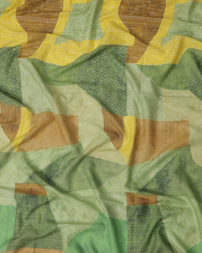 Green Yellow Brown Geometric Leaf Printed Cotton Voile Fabric 150 Cms Width Lightweight Soft Breathable Material Made In India-D27854