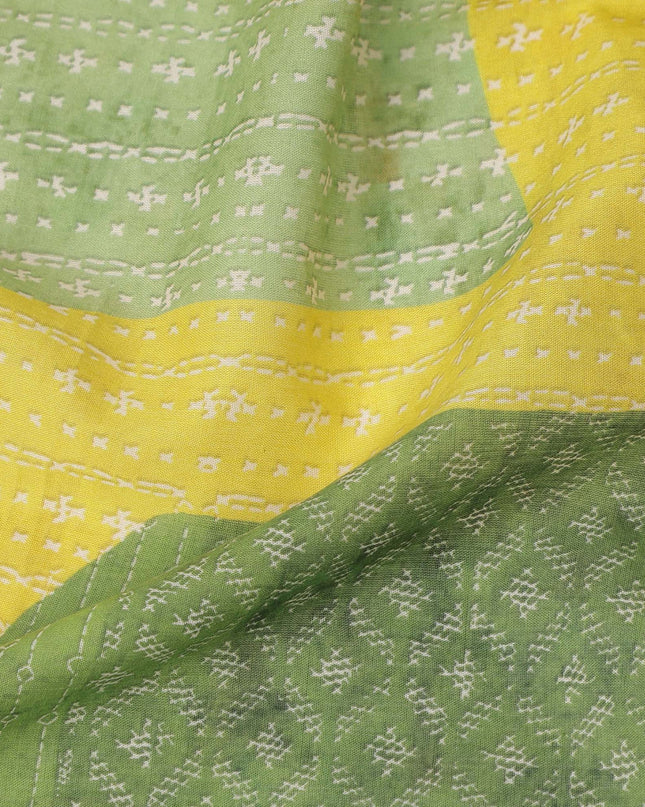 Green Yellow Brown Geometric Leaf Printed Cotton Voile Fabric 150 Cms Width Lightweight Soft Breathable Material Made In India-D27854
