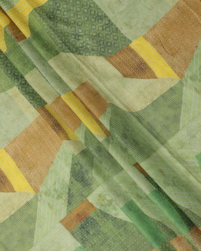Green Yellow Brown Geometric Leaf Printed Cotton Voile Fabric 150 Cms Width Lightweight Soft Breathable Material Made In India-D27854