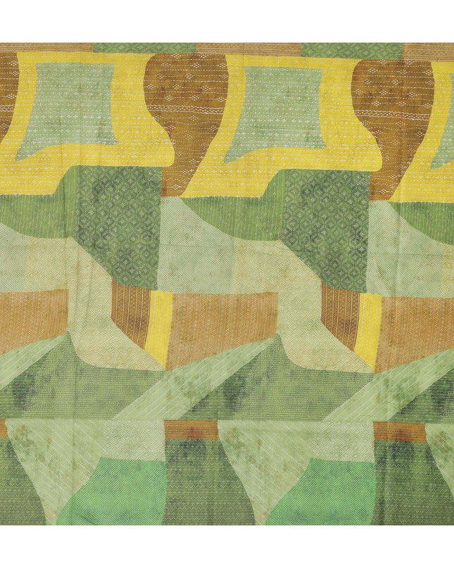 Green Yellow Brown Geometric Leaf Printed Cotton Voile Fabric 150 Cms Width Lightweight Soft Breathable Material Made In India-D27854