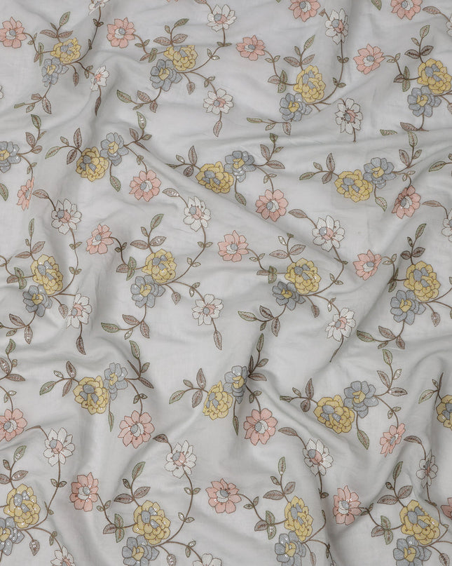Light Grey Floral Printed Viscose Cotton Fabric, 110 Cms Width, India-D24822