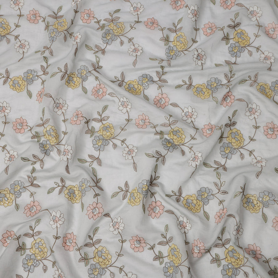 قماش قطني فيسكوز مطبوع عليه زهور رمادي فاتح، عرض 110 سم، الهند - D24822