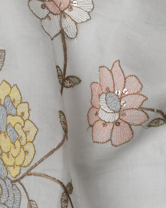 Light Grey Floral Printed Viscose Cotton Fabric, 110 Cms Width, India-D24822