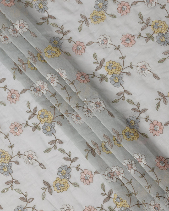 Light Grey Floral Printed Viscose Cotton Fabric, 110 Cms Width, India-D24822