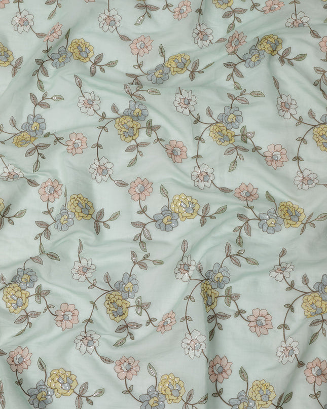 Mint Green Floral Printed Viscose Cotton Fabric, 110 Cms Width, India-D24821