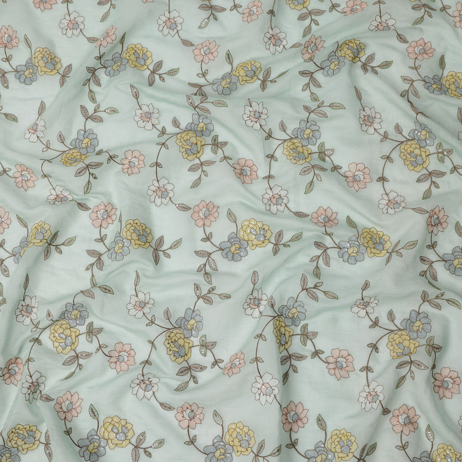 Mint Green Floral Printed Viscose Cotton Fabric, 110 Cms Width, India-D24821