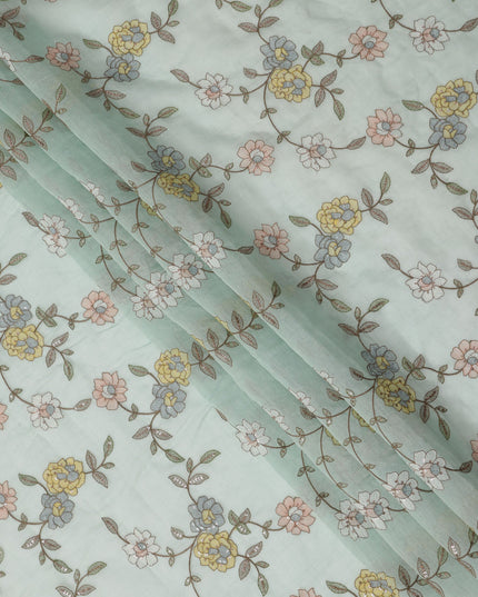 Mint Green Floral Printed Viscose Cotton Fabric, 110 Cms Width, India-D24821