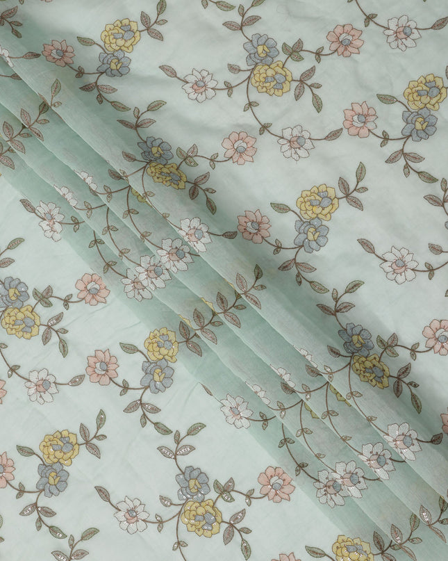 Mint Green Floral Printed Viscose Cotton Fabric, 110 Cms Width, India-D24821