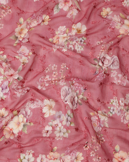Rose Pink Floral Printed Viscose Cotton Fabric, 110 Cms Width, India-D24819
