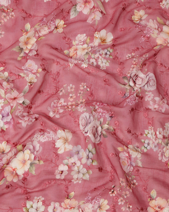 Rose Pink Floral Printed Viscose Cotton Fabric, 110 Cms Width, India-D24819