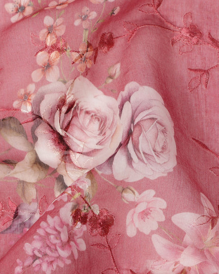 Rose Pink Floral Printed Viscose Cotton Fabric, 110 Cms Width, India-D24819