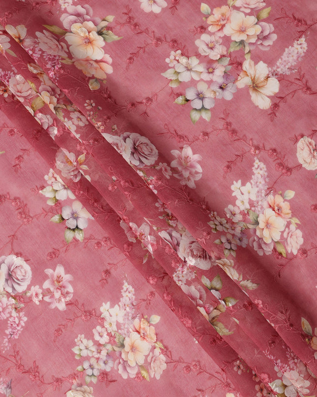 Rose Pink Floral Printed Viscose Cotton Fabric, 110 Cms Width, India-D24819