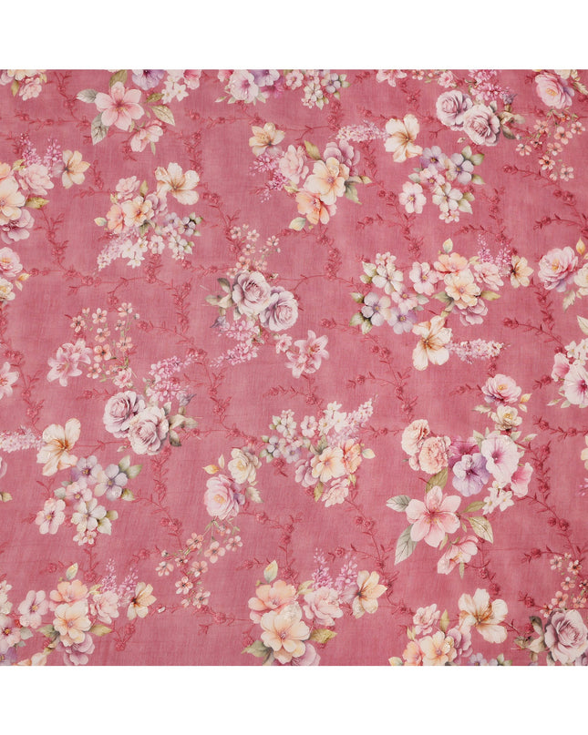 Rose Pink Floral Printed Viscose Cotton Fabric, 110 Cms Width, India-D24819